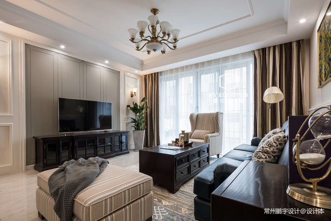 客廳窗簾裝修效果圖2018精選面積93平美式三居美式經典客廳設計圖片賞析