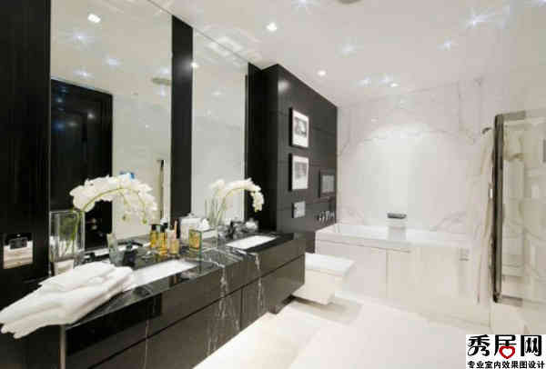 白色微晶石瓷磚拼花衛(wèi)生間地面墻面銜接效果圖 黑色洗手臺浴室背景墻造型設計圖