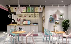 奶茶店吧臺(tái)設(shè)計(jì)，奶茶店吊頂效果圖，奶茶店墻飾效果圖，鄭州奶茶店裝修