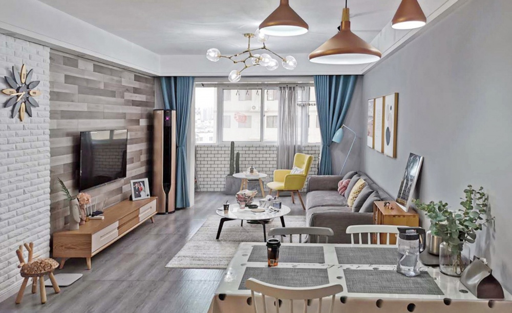 客廳窗簾裝修效果圖83㎡北歐風(fēng)，新婚小兩口的浪漫北歐極簡(jiǎn)客廳設(shè)計(jì)圖片賞析